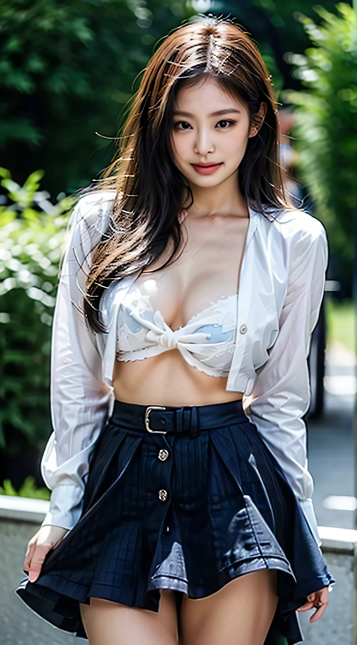 field、1 girl、White short-sleeved shirt uniform:1.3、Ultra-realistic、Button up your white short-sleeved shirt three times./4 Open:1.2、Showing off her dark blue bra and large breasts:1.3、Japanese school black pleated skirt:1.4、Translucent shirt buttons:1.2、Silver minimalist plain plate belt buckle:1.2、Long, wavy, messy brown hair:1.2、masterpiece、Best Quality、High resolution、16k、high detail、Facial details、Cinematic lighting、Dynamic Composition、Slim and perfect figure、Perfect body proportions、Depth of written boundary、Three-part method、Medium chest、Accentuates the chest, waist, thighs and bottom、Brown suede belt:1.2、University、Pulling on skirt:1.4、Lifted by the wind:1.4、smile、Smiling eyes、Red cheeks、Shy、Hair fluttering、Full body 3/Shot of 4、Windy:1.4、Standing、Grab the hem of your skirt:1.4、White panties:1.4、((A skirt blown up by a strong wind:1.6)、