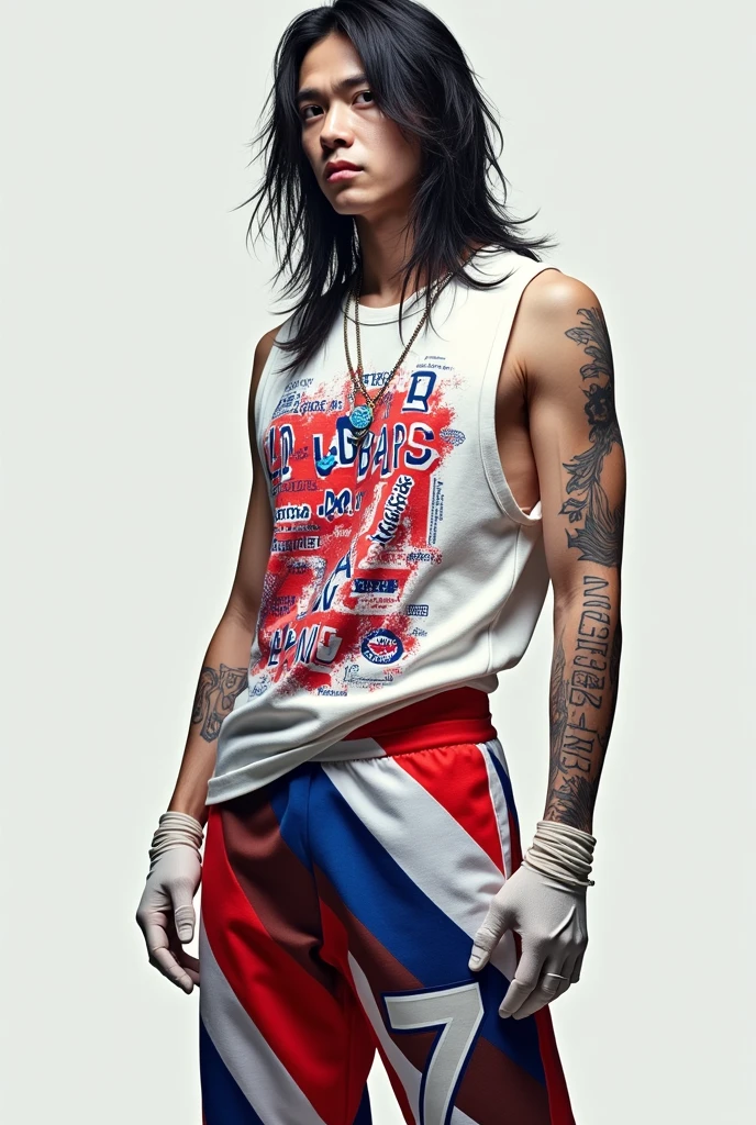 Male Gender The Korean has long hair and in the image he is wearing a sleeveless t-shirt with a graphic design that includes text and numbers, predominantly in red colors, white and blue. The pants match the shirt, with similar colors and design elements, including stripes and a large number '7' on the left thigh area. He also wears light-colored gloves.. And she has long hair with letter tattoos on her neck and arms and she has long hair and her age is 2 and her legs are well toned and her pants fit her legs well And may the image look very real please