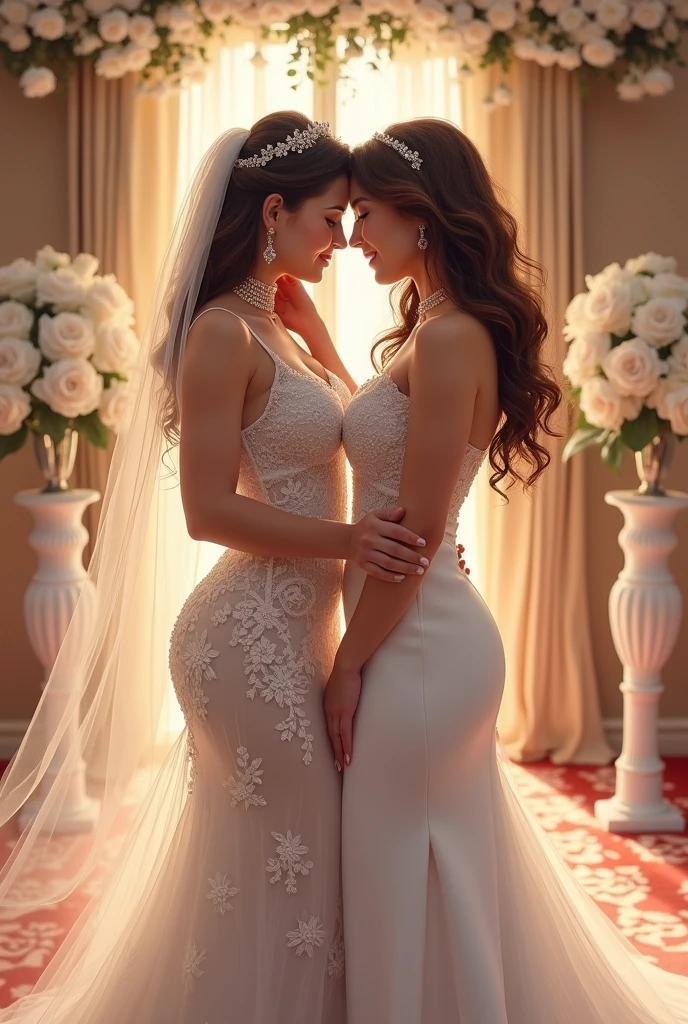 (​masterpiece, best quality:1.5), highest quality, High resolution, super detailed, Realists, Full body photo of the bride, detailed and beautiful eyes, beautiful detailed lips, very detailed eyes and face, longeyelashes, Woman in wedding dress made of shiny satin fabric, Beautiful and colorful makeup, elegant and noble々Pose,shiny crown and jewels, Gardens as background, soft daylight, bright colors, fine brushstrokes, Portrait style, Noble details in the dress fabric, beautiful color palette, glowing skin, First-class rendering, that captures every detail, enchanting atmosphere, subtle shadows and lights, (perfect anatomy:1.2), (Two stunning brides are deeply in love:1.4), (kiss:1.2), (magnificent panorama view:1.2)