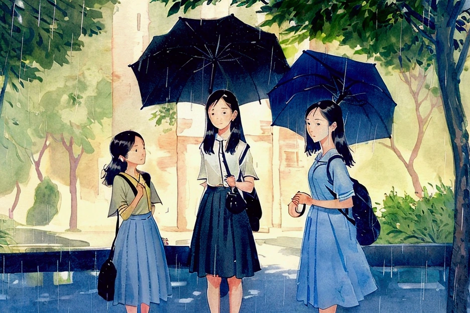 rain, tree, solo, umbrella, 1girl, skirt, outdoors, black hair, traditional media, bag, holding, long hair, holding umbrella, backpack, shirt, long skirt, blue theme, nature, standing, yellow skirt, painting (medium), scenery, best quality  