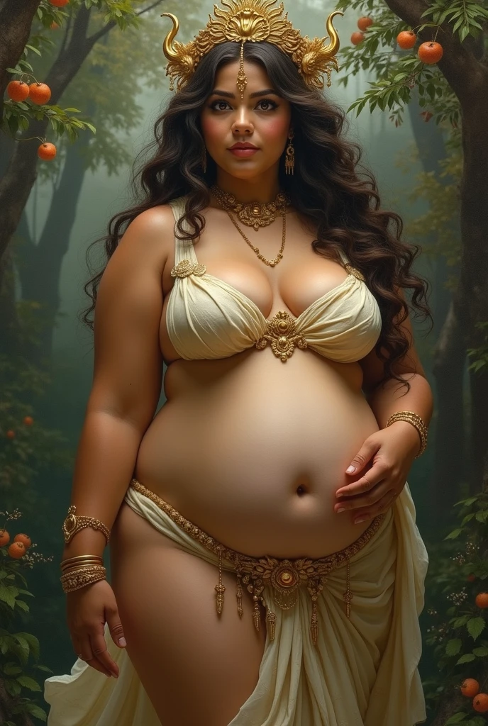 realistic, photorealistic, photo-realistic:1.37, best quality, 4k, 8k, highres, masterpiece:1.2, ultra-detailed, fat goddess, flower crown, thin dress, hands raised to show armpits, spread her legs, shiny oily skin, oily wet skin texture, glistening skin, extremely detailed eyes and face, beautiful detailed eyes, long eyelashes, beautiful detailed lips, detailed big breasts, detailed navel, detailed armpits, beautiful detailed thighs, flawless skin ,glowing skin, heavenly landscape, high quality portrait, dramatic lighting, cinematic lighting, dramatic contrast, moody lighting, dramatic shadows, dramatic highlights, extreme detail description