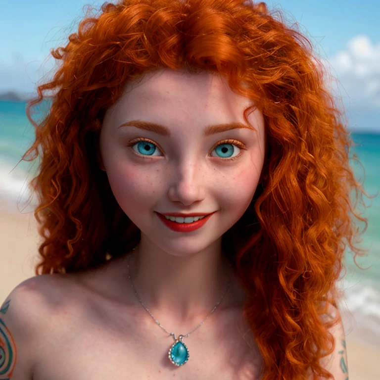 (1 teen slim Merida). naked and very tattooed. beach. shy smile, perfect blue crystal eyes, look at the viewer, high details, cute face, sensual, provocative, nice breasts, oiled up body, perfect pale skin, standing, perfect body, charming, seductive, red lipstick, necklace, taking a selfie, red beret