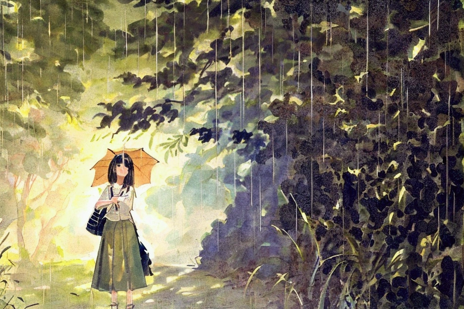 rain, tree, solo, umbrella, 1 girl, skirt, outdoors, black hair, traditional media, bag, holding, long hair, holding umbrella, backpack, shirt, long skirt, blue theme, nature, standing, yellow skirt, painting (medium), scenery, best quality