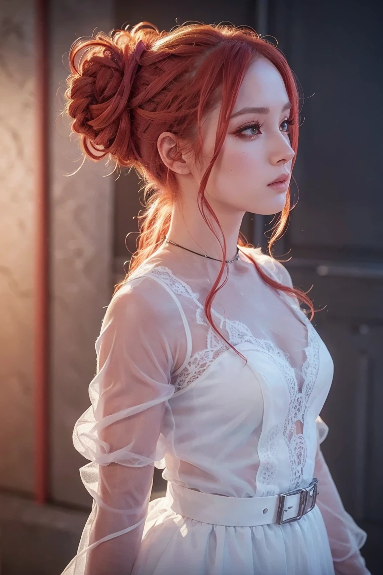 a slime girl with slime hair in double buns, wearing a white princess dress with a weapon belt, red hair color, (best quality, 4k, 8k, highres, masterpiece:1.2), ultra-detailed, (realistic, photorealistic, photo-realistic:1.37), detailed eyes, detailed lips, extremely detailed face, long eyelashes, portrait, fantasy, concept art, vibrant colors, dramatic lighting