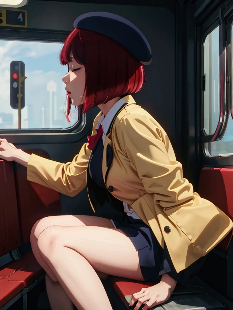 High resolution,  woman, Red hair with bangs, ショートボブスタイル, Large Breasts, Beret, realism,
 Anatomically correct,
 she、Sit back and relax on the commuter train&#39;s long seat、The whole body is relaxed、Palms facing up、Slumped down on the seat、Open your mouth as if you were fainting、Closed eyes, Drooling、Sleeping soundly with legs apart。
Jacket and blouse、Tight he is wearing fishnet stockings and shiny red high heels.、
face to face、Front view、From the head、Full body image up to the feet
