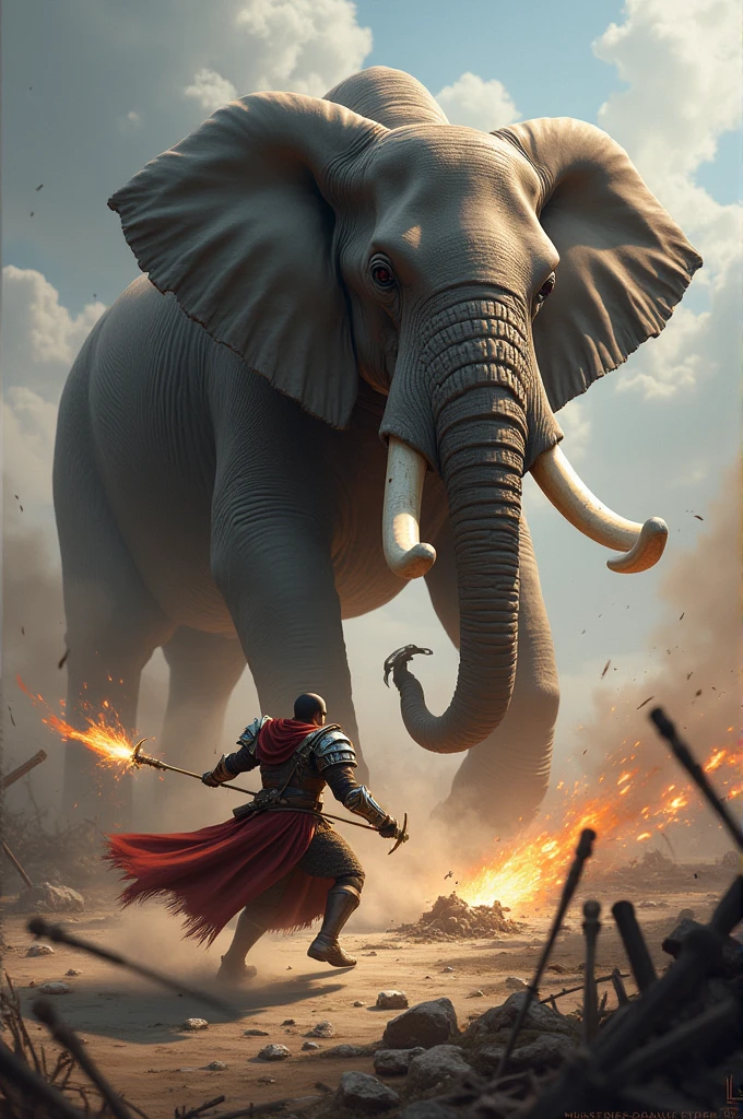 (photorealism:1.2) a movie poster where a man is standing with a fire stick facing a mammoth like elephant