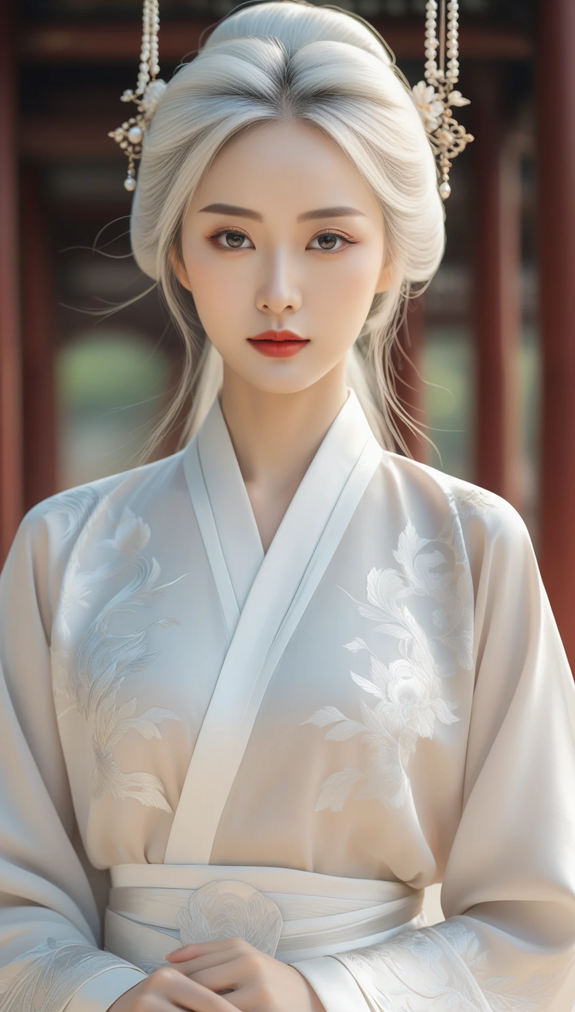 A beautiful woman, (perfect female face), elegance expressions, Elegant posture, Full detailed Jin Ruqun, Chinese clothes, (long sleeve), pavilion, complicated, (beautiful details eyes, elongated eyebrows), ((white hair), long hair, hairpin), Sunlight, Shadow flat illustration, Very detailed, fine details, complex, hourglass body, white and platinum color schemes, 