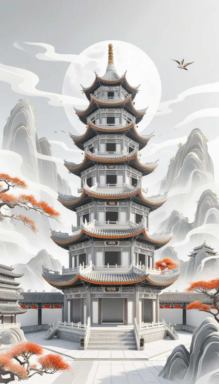 A Chinese-style pagoda，The main colors are white and gray