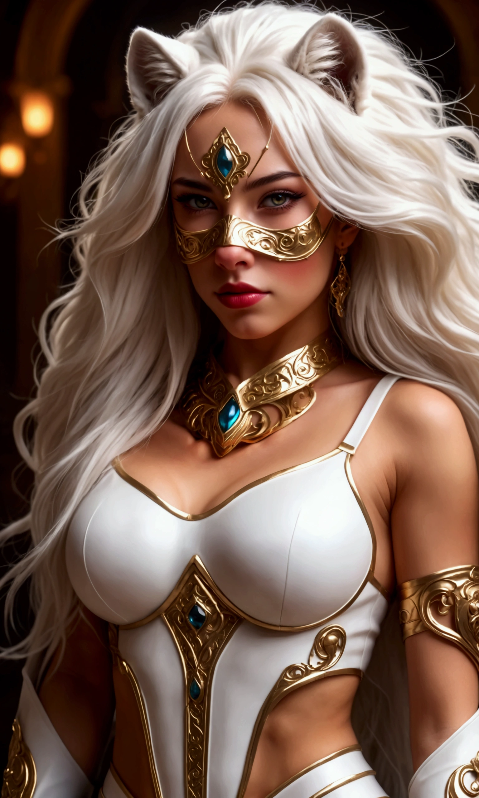 a warrior, beautiful detailed eyes, beautiful detailed lips, extremely detailed eyes and face, long eyelashes, toned waist, big breasts, big hips, (white lion themed outfit with mask, huge mane of white hair), action pose, (best quality,4k,8k,highres,masterpiece:1.2),ultra-detailed,(realistic,photorealistic,photo-realistic:1.37),hyper realistic fantasy,fantasy,concept art,digital painting,intricate details,highly detailed,striking pose,dramatic lighting,vivid colors,cinematic,heroic,powerful