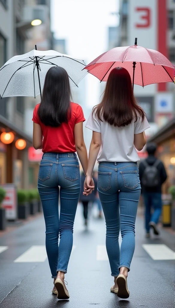 Two women walking down a street holding umbrellas in the rain - SeaArt AI