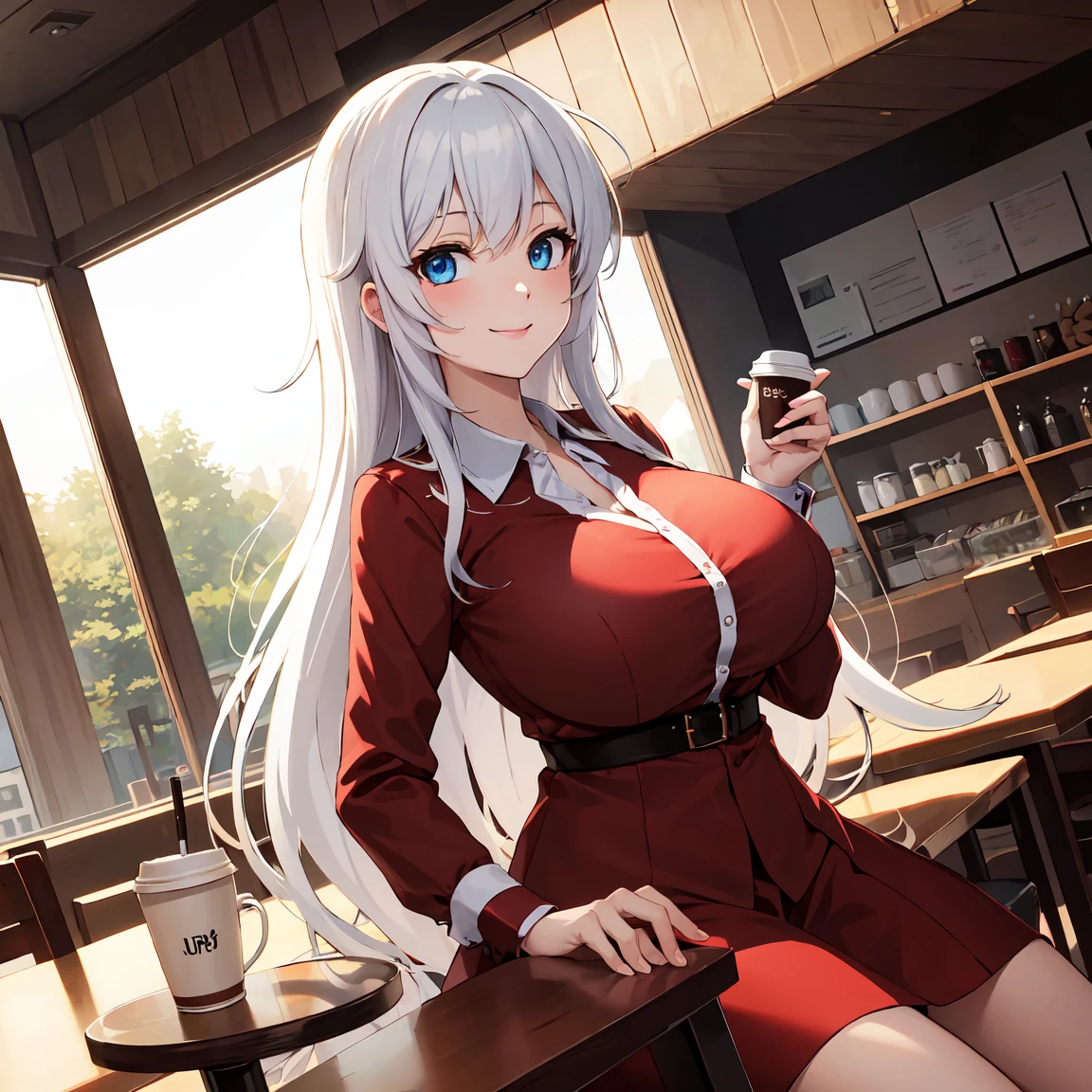 Illustration, dutch angle, looking to the window, 1girl, solo focus, smile, blue eyes, white hair, messy hair, very long hair, huge breasts, red blouse, coffe shop, coffee and sweets, table, sitting on chair, (anime screencap), (ultra quality:1.3), masterpiece, best quality, (highly detailed), absurdres, sfw, detailed background, soft lighting