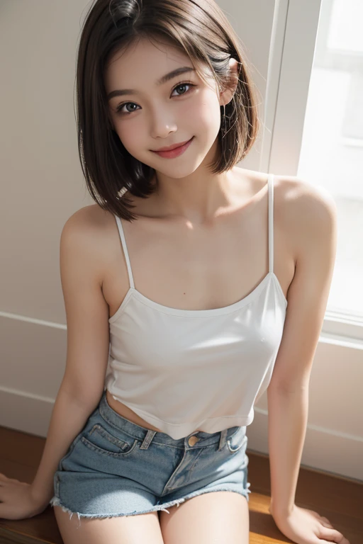 pretty girl, smile, A plain camisole with a loose fit, 15cm low rise, Beautiful inner thighs, Small breasts:1.2, Small nipples, Middle Bob, smile, Young, about junior high school age, Leaning forward a lot