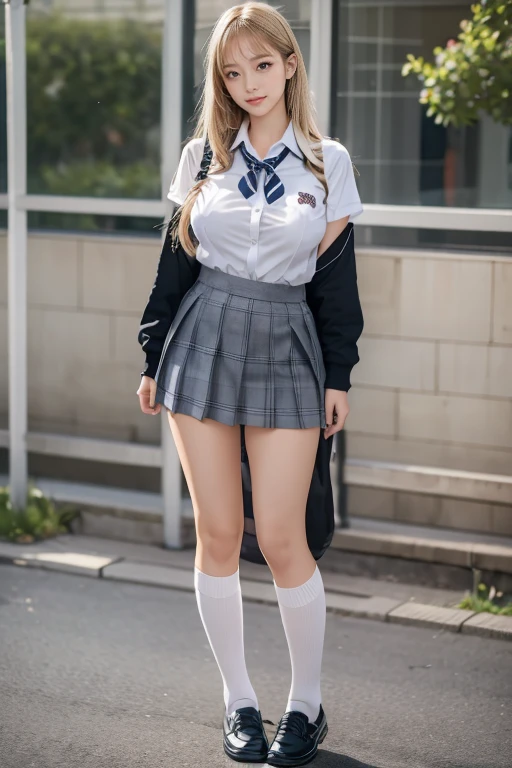 High resolution, Best Quality, High detail, One girl,beautiful girl, (large breasts),school girl,school uniform ,loose socks,white loose socks,Blonde,gal,Gal Makeup,black loafer shoes,standing,pantypeek,ヒョウ柄のパンティ