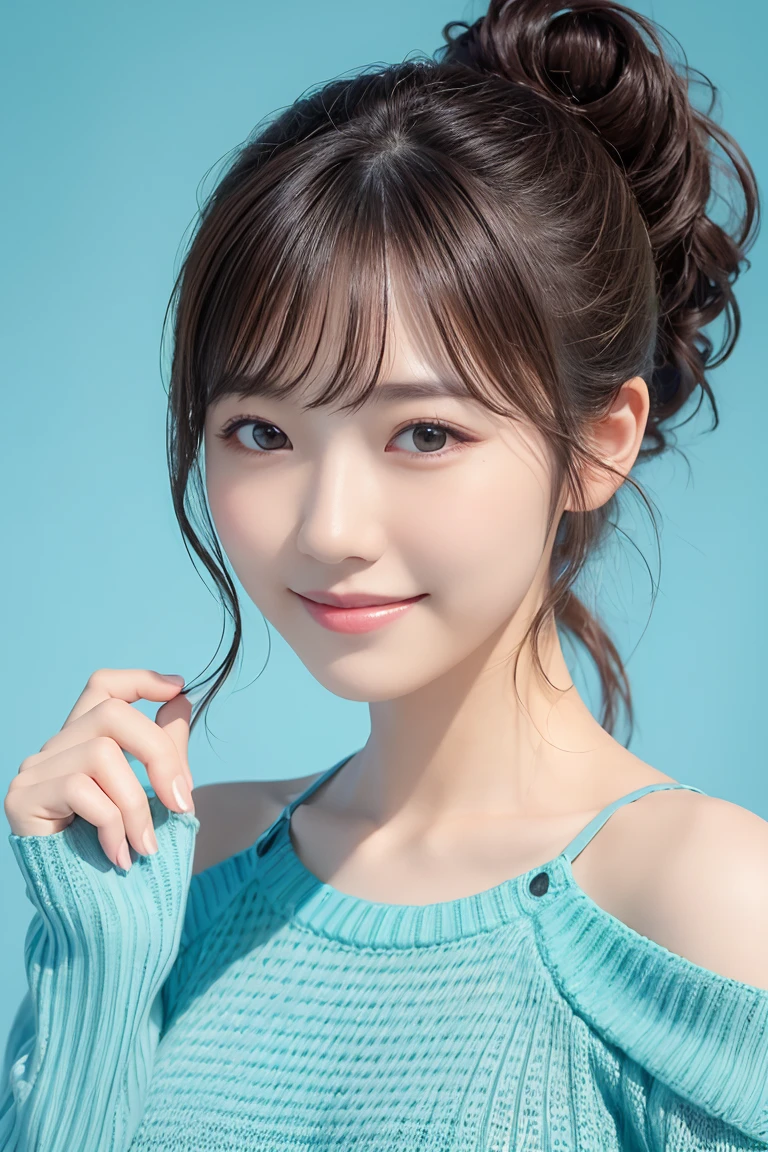 ((High quality, 8K, masterpiece:1.3)), 1 girl, Slim Abs:1.3, Japanese woman, (Casual hair style, medium breasts:1.2), Super detailed face, detailed eyes, double edged eyelids, smile, ((( turtle neck swimsuit))), Medium tits, very thin waist, upper-body photo