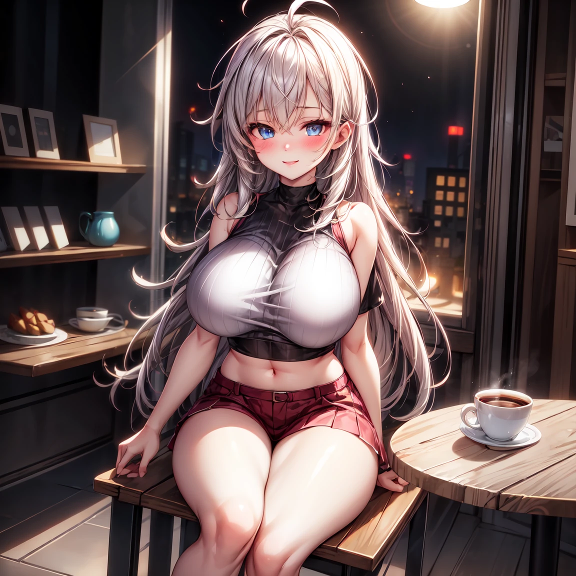 Illustration, dutch angle, looking to the window, 1girl, solo focus, smile, blue eyes, white hair, messy hair, very long hair, huge breasts, red sexy crop top, coffe shop, coffee and sweets, table, sitting on chair, (anime screencap), (ultra quality:1.3), masterpiece, best quality, (highly detailed), absurdres, sfw, detailed background, soft lighting