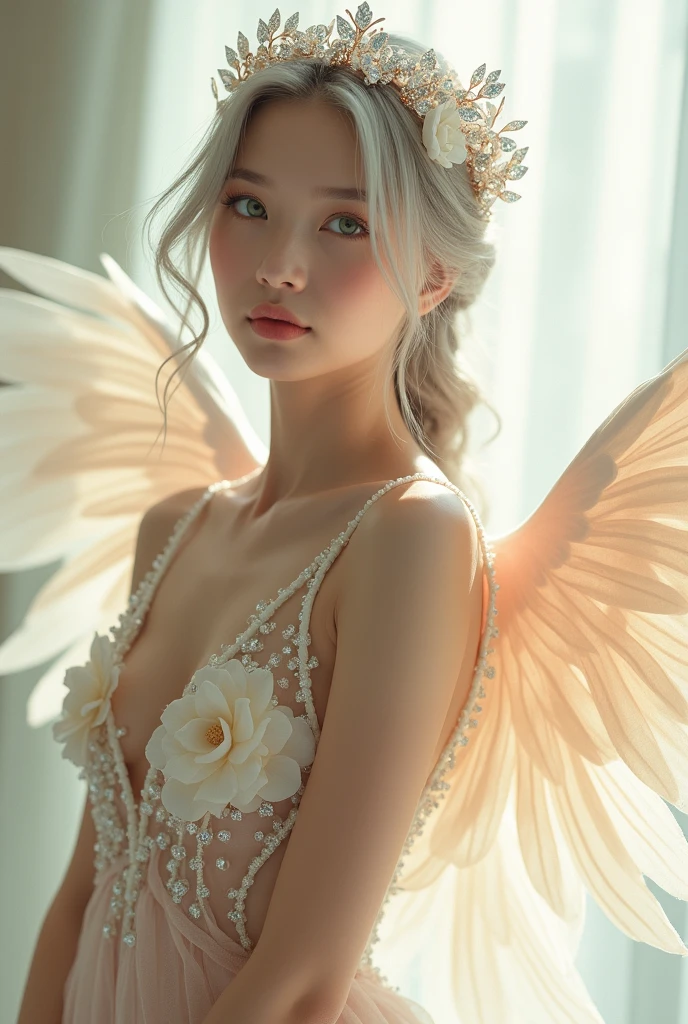 (Highest quality masterpiece, 8K high resolution: 1.2) Very detailed (As a matter of fact, As a matter of fact, As a matter of fact images: 1.37) Portrait, Creative Arts, History, classical, experienced, Multi-color options, High Detail, soft light, Luxurious atmosphere, A delicate fluttering angel wing costume, Beautiful flowers, Jewelry details, Pure atmosphere, Graceful posture, Beautiful curves, Sexy pink body proportions, Smooth gray hair, Amazing see-through fabric patterns, Sparkling green eyes, Decorated with delicate white flowers, Diamond decoration.