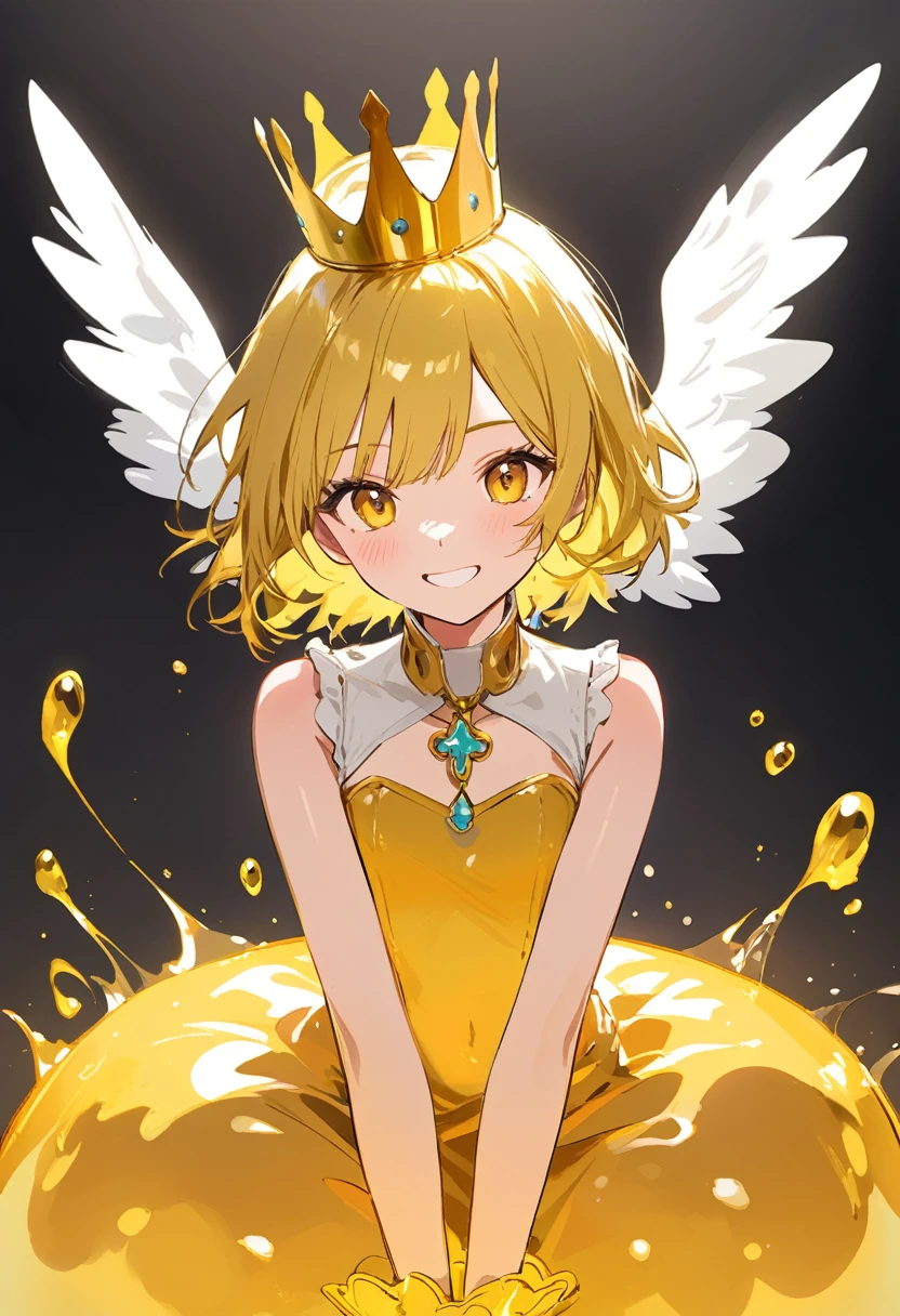 1girl, full body portrait, wearing yellow dress, crown, princess, flat chested, (young adult), (tall), short blonde hair, heart shaped bangs, spiky hair, ahoge, blue eyes, smiling, [laughing], eyes closed, mouth open, masterpiece, 4k