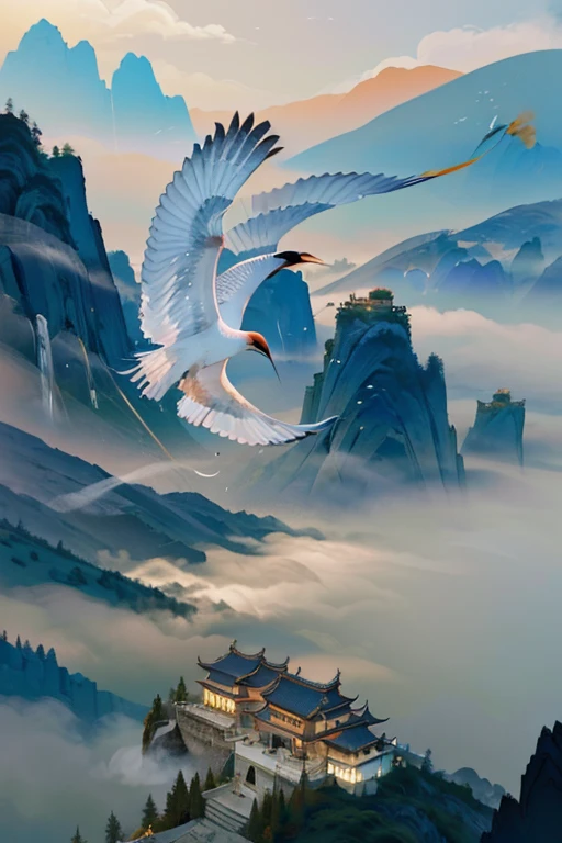 A beautiful crane flying over the mountain gate of Qingcheng Mountain, surrounded by mist, in a hand-painted style, (best quality,4k,8k,highres,masterpiece:1.2),ultra-detailed,(realistic,photorealistic,photo-realistic:1.37),fantasy,digital painting,cinematic lighting,dramatic lighting,dramatic atmosphere,ethereal,mystical,serene,peaceful,tranquil,elegant,graceful,flowing,delicate,intricate details,vibrant colors,soft colors,muted colors,warm colors,atmospheric,moody,atmospheric perspective,dramatic shadows,soft focus,depth of field,hazy,misty,foggy,cloud covered,mountainous landscape,ancient architecture,traditional chinese architecture,detailed textures,brush strokes,ink wash painting,watercolor,oil painting