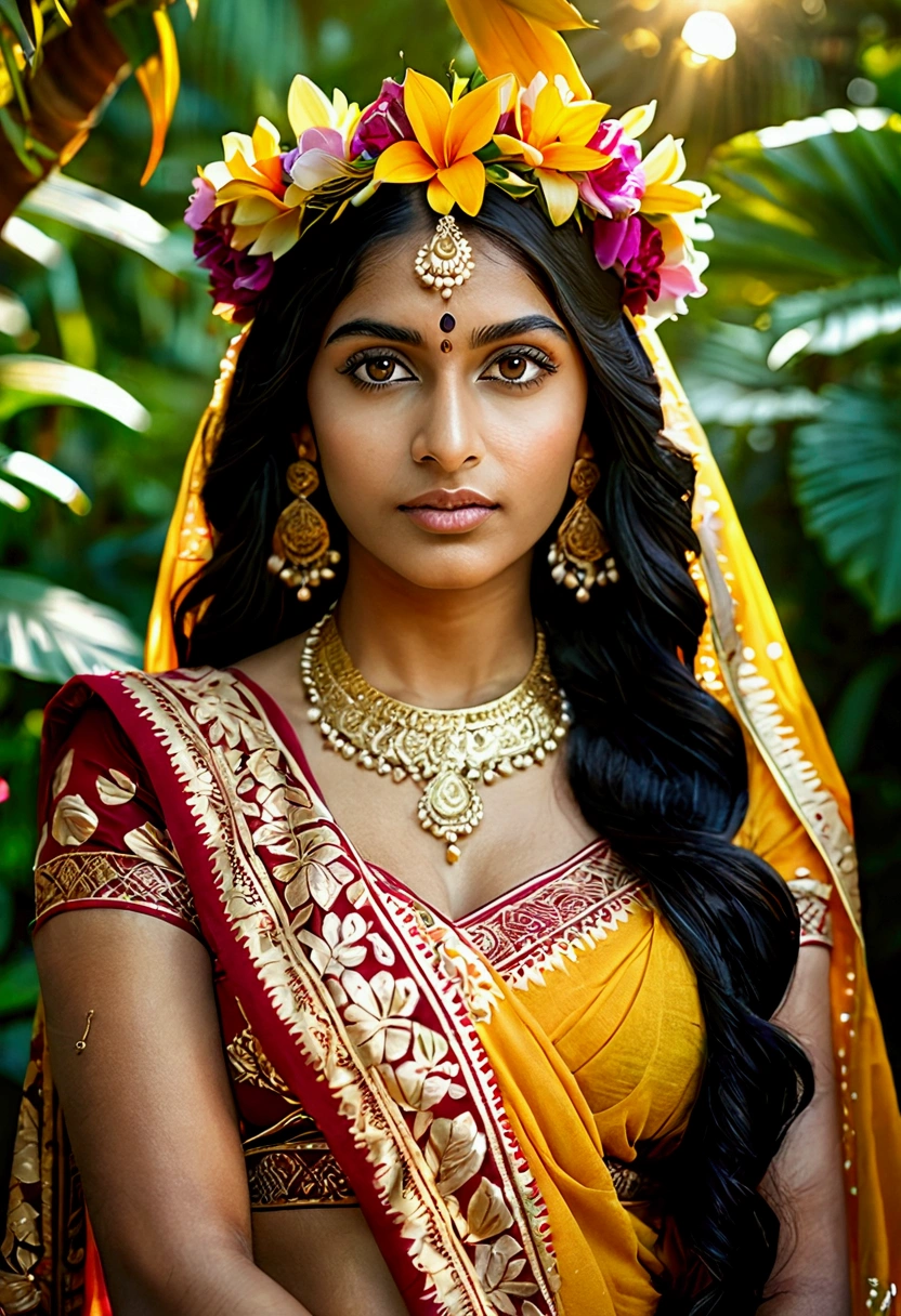 a beautiful young indian woman, detailed face, piercing eyes, full lips, long eyelashes, long dark hair, flower crown, sari, golden jewelry, serene expression, intricate henna patterns on hands, lush tropical garden background, golden hour lighting, (best quality,4k,8k,highres,masterpiece:1.2),ultra-detailed,(realistic,photorealistic,photo-realistic:1.37),vivid colors,cinematic lighting