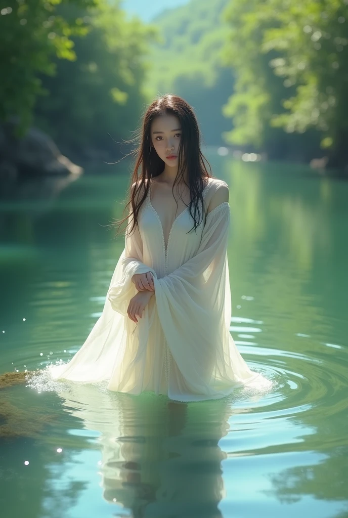 A fairy sitting by a mountain stream，ethereal wings，gentlesoftlighting，vivd colour，Flowing water，Magical atmosphere，serene environment，Natural details，subtle shimmering，Ethereal dreams，magical forest background，Glittering reflections on the water，Serene expression，Flowers blooming around，The sunshine of the golden hour，Whimsical and charming，mystical aura，Lightweight, breathable movement，Elements of fantasy。（Best quality at best，4k，high rise），ultra - detailed，Foto realism，sportrait，Warm gold tones。