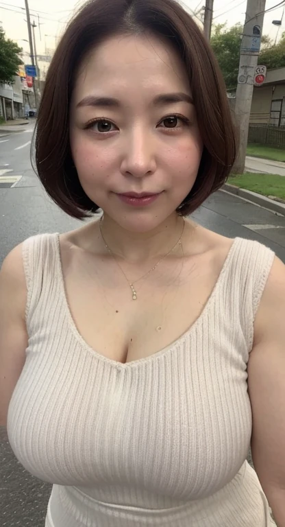 Japanese female 1 person、Mature Woman、4、Large Breasts、Big Ass、Plump、Sex Appeal, sexy,  Short Bob, Knitted dress, Sleeveless, Thick upper arms, street,  Wet body,