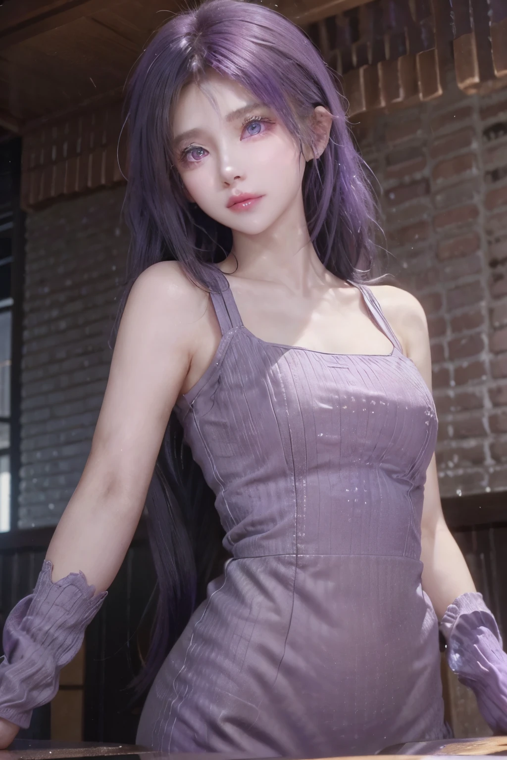 Hosino Ai, gloves, tongue sticking out, tongue, long hair, star (symbol), watch viewer, (purple hair: 1.2), purple eyes, upper body, hair ornament, ruffles, pink shirt, smile, sleeveless, shirt, idol, symbol shaped pupil, hands raised, bangs, one side up, star-shaped pupils, arms raised, dresspull, roaring twenties, isometric, , upper body, rembrandt, Illustration, detail, depth of field, looking at the viewer, peace sign, hand raised, tongue out, highest quality, high resolution.