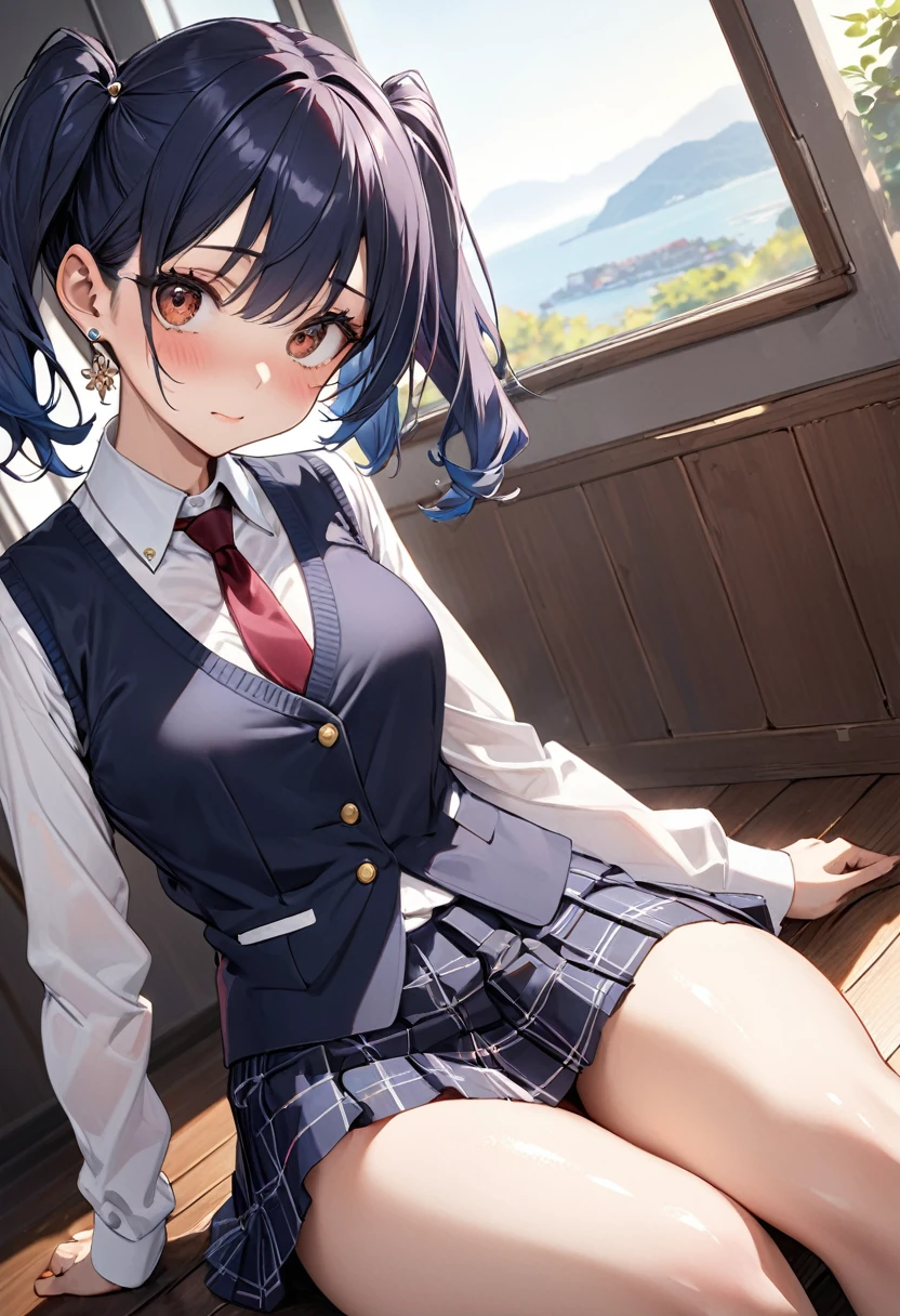 masterpiece,Highest quality,detailed,1 female solo,female staff、20 year old beauty、Dark blue hair,short hair,blue eyes,Ideal body proportions,Slender body,Medium chest,Glowing Skin,Perfect Anatomy:1.2,Injury、Kneel,Navy blue blazer jacket,white tight skirt、mini skirt、thigh_gap, white_thighhighs,whiteの背景のみ