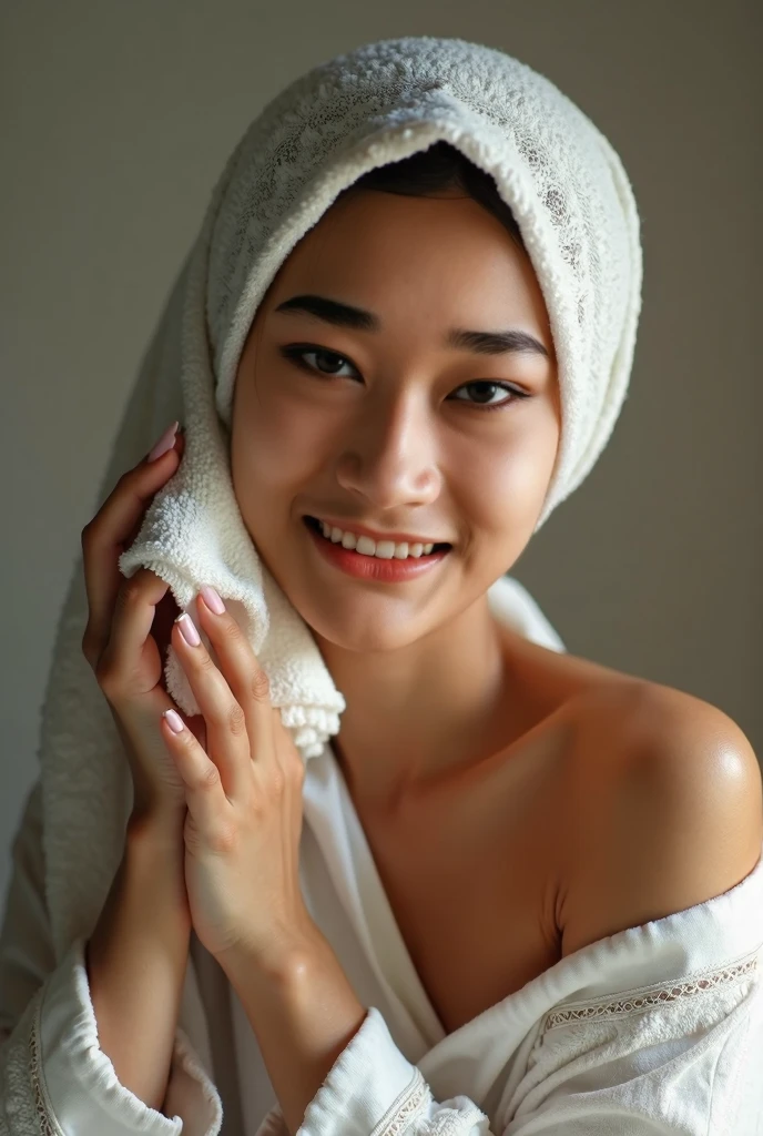 malay girl in hijab baking cake in pastel color bikini, (mira filzah:1.0), dimple, big front teeth, gold necklace, laughing, happy, messy kitchen, flour in face and body, wet bikini, wet flour in body, wet body, wet face, detailed skin texture, soft lighting, too many smudge flour in body and face,