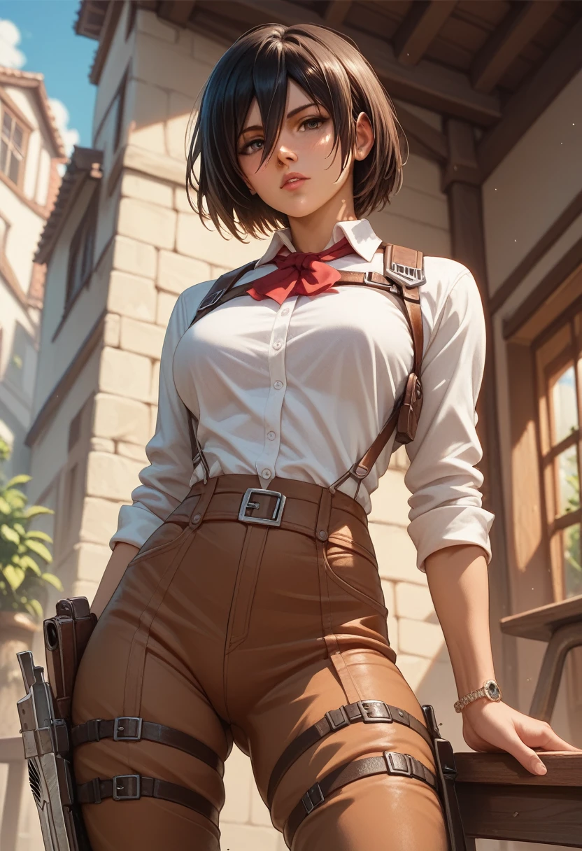 detailed eyes, full height, masterpiece, (((skinny body))), ((curvy, hands behind her back, seductive pose)), seductive, (looking at viewer, 8k vector photography, young teen, beautiful eyes, realistic lighting, detailed outfit, realistic facial features, hyper detail, ((perfect angle, perfect pose, focus on face hips and breastegane)), ((very short dark straight hair)), a strand on right eye, flat chest, pioneer neckerchief, micro blue tight skirt, bangs, shirt, collarbone, very tight white shirt, short sleeves, collared shirt, belt, neckerchief, eyelashes, red neckerchief, pocket, breast pocket, 3dmm, doll joints, mechanical joints, resembles a sex doll