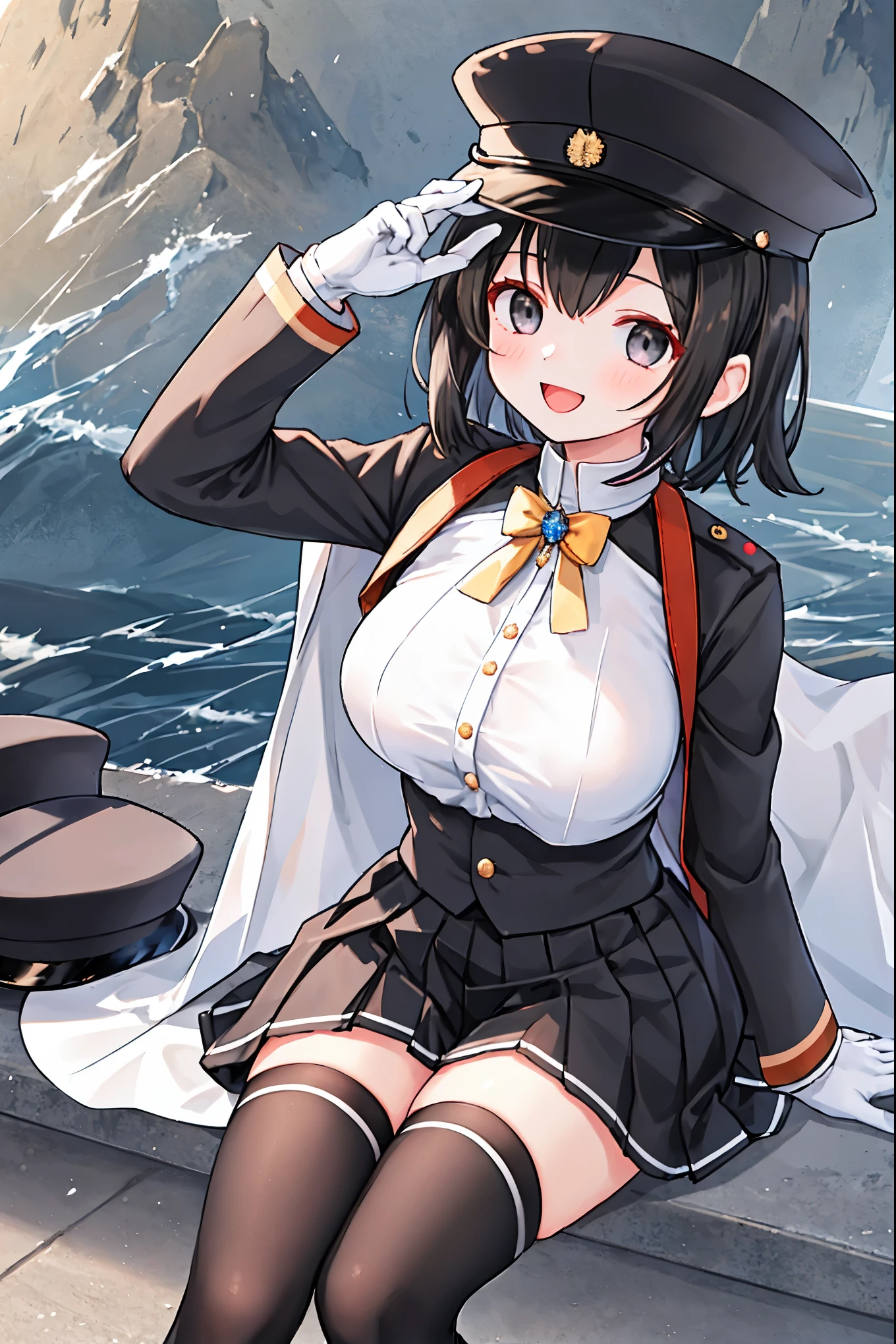 best quality, masterpiece, solo, {akitsu_maru_kantaicollection:1.15}, black_hair, short_hair, hat, peaked_cap, black_eyes, military, big_breasts, 1girl, black_headwear, looking_at_viewer,black_ military_uniform, uniform, military_hat, in_front_harbor_town_landscape_background, smile,(plump:0.7),,black_thigh-highs,joylight_open_mouth,