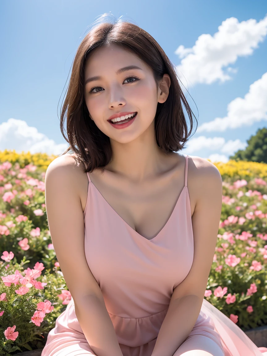 (((8K、High resolution、Highest quality、High resolution)))、alone、Glamorous figure、White skin、Natural Makeup、Photograph the whole body、Sitting、Look up at the sky, (((blush, open mouth,smile)))、Shooting from below、Semi-long layer cut, (Crimson casual dress), In the flower field