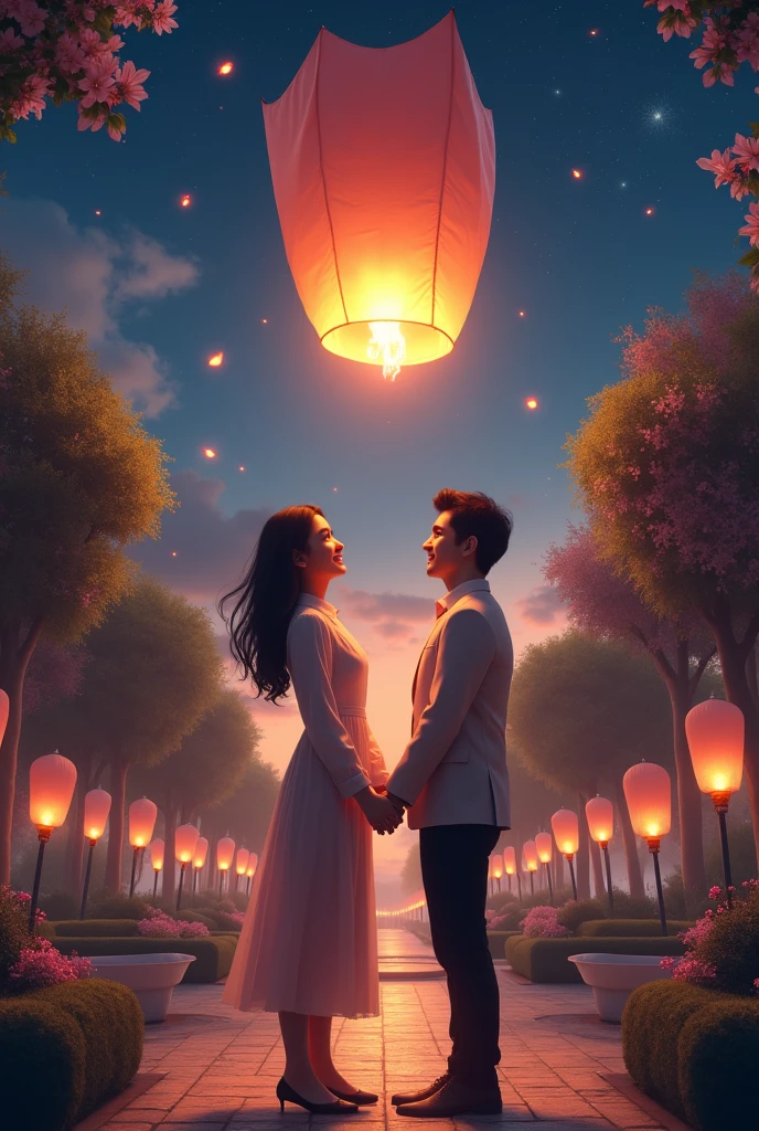 Lovers lighting a sky latern in a fancy park they ere feeling very blissful