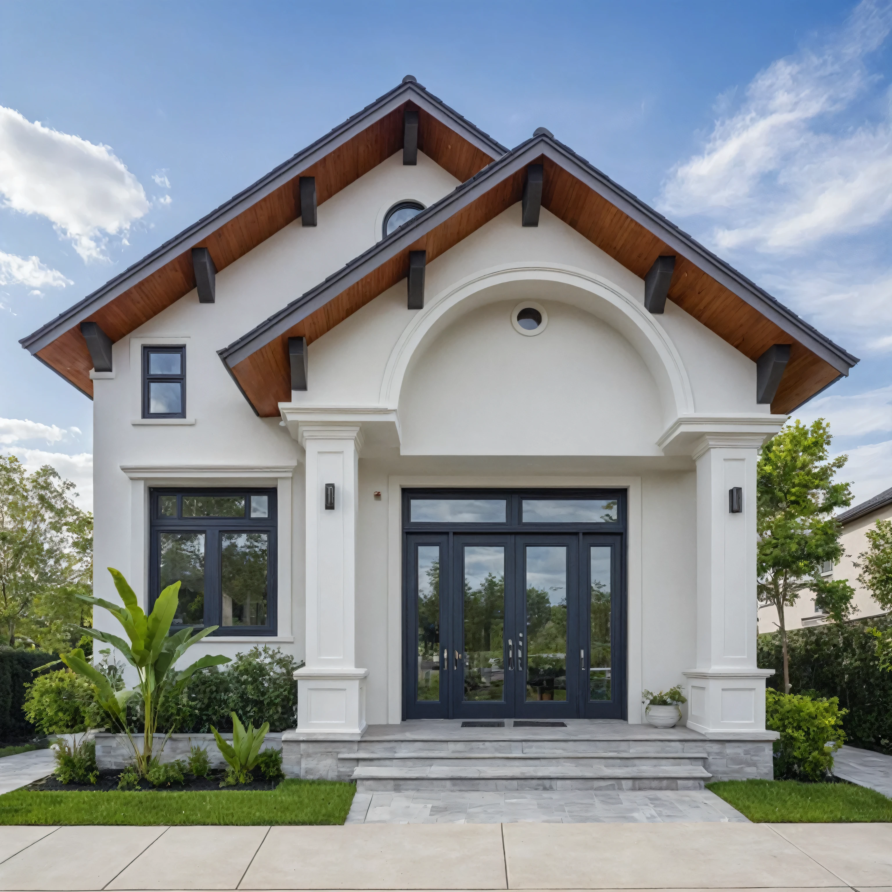 (masterpiece:1.2), best quality, photo of A two-story modern house with white walls, tree and plant, streetcapes, natural light, vivid color, The exterior of an elegant single family home features large windows, a dark gray door frame.