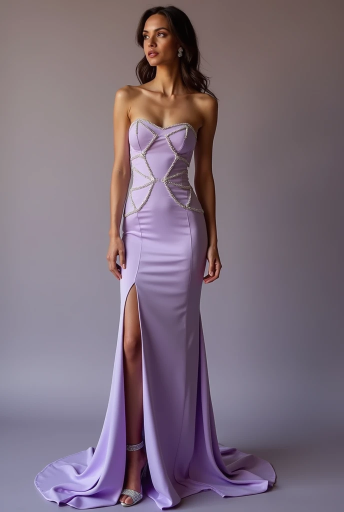 highest quality,masterpiece,Ultra-high resolution,(Actual:1.4),Original photo,Ultra-high resolution，8k，There are women，Fair skin，Big wave diamond purple and cool black collaboration dress:1.5，High heels，Long legs:1.5，Bright and beautiful，high waist，Flashy makeup using red eyeshadow，
