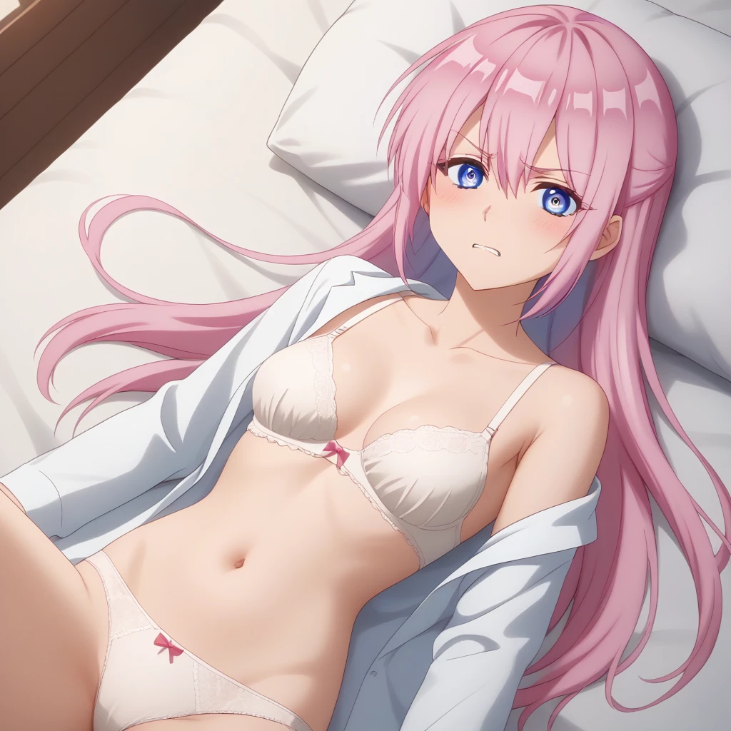 (best quality, very aesthetic, absurdres, ultra-detailed:1.2), (highly detailed CG unified 8K wallpaper), 1girl, Louise Francoise le Blanc de la Valliere, pink hair, wavy hair, very long hair, pink eyes, long eyelashes, small breasts, slender, nude, nipples, smile, happy, vulgarity, half-closed eyes, straddling, on bed, bedroom, (1boy, faceless male, hug, sex from behind, reverse upright straddle, public hair, vaginal penis, cum in pussy, girl focus), (spoken heart:1.2), dutch angle, nsfw