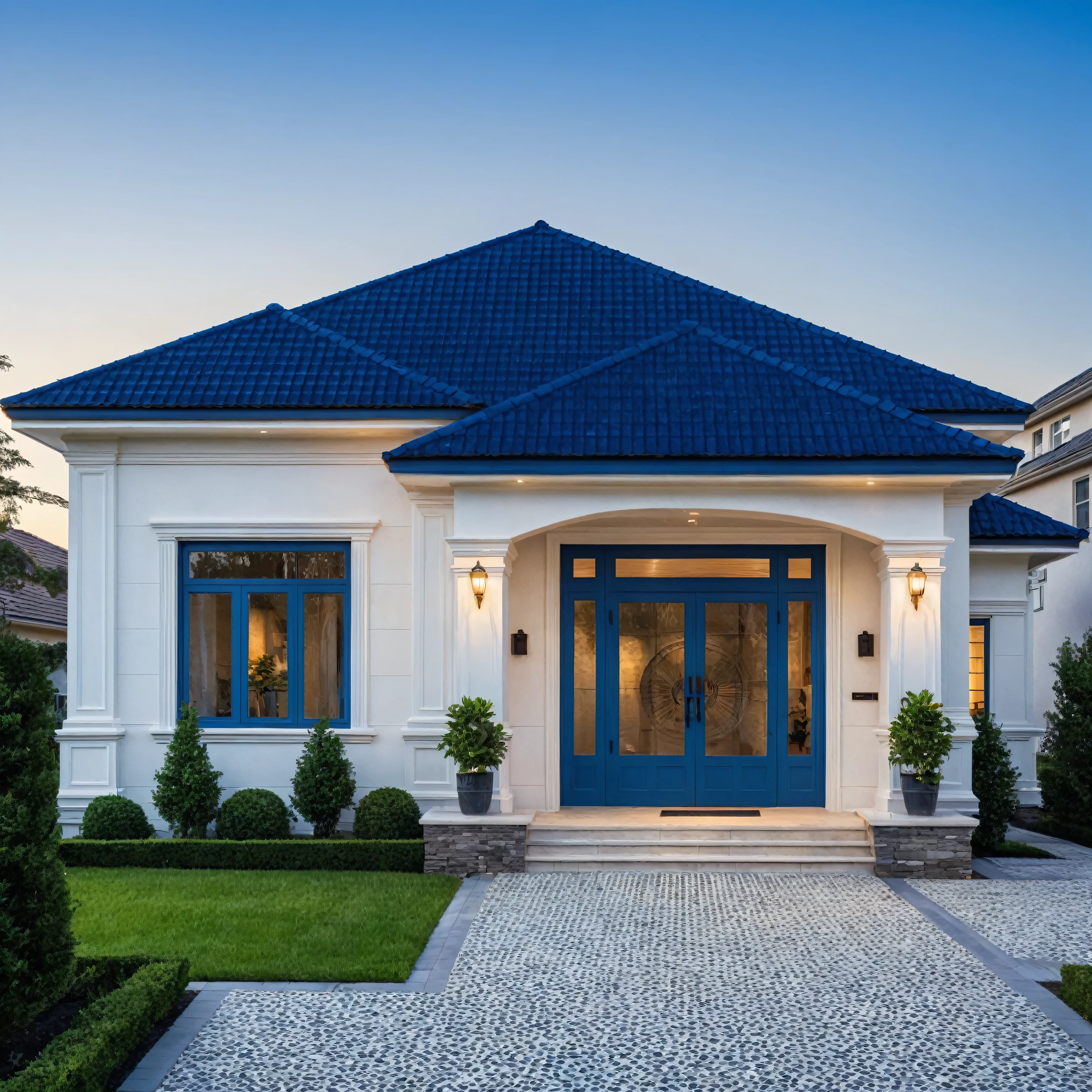 (masterpiece:1.2), best quality, photo of A two-story modern house with white walls and dark blue tiles on the roof., tree and plant, streetcapes, natural light, vivid color, The exterior of an elegant single family home features large windows, a dark gray door frame.