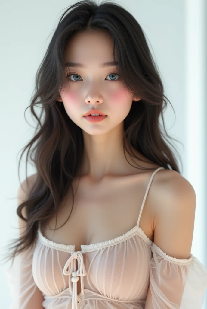 ASİAN, coat with neckline, wearing pink bra, photoshot, realisitic, 14歳, baby face, lace on bra, 120 cm, whole body