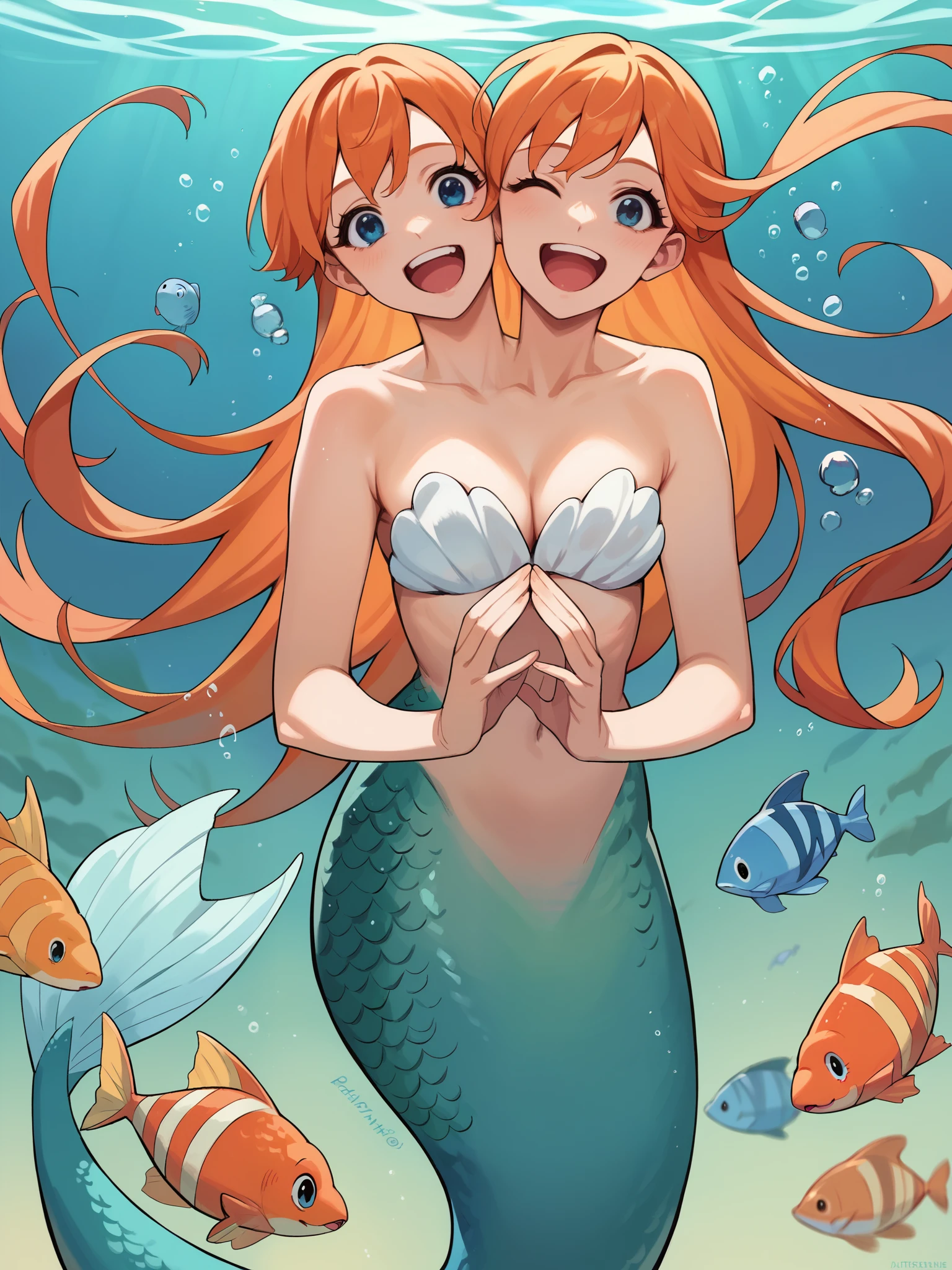 anime, (masterpiece, best quality), best resolution, two heads, 1girl, mermaid, happy, different facial expressions, winking, mouth open, mouth closed, smiling, orange hair, blue eyes, underwater, fish swimming around