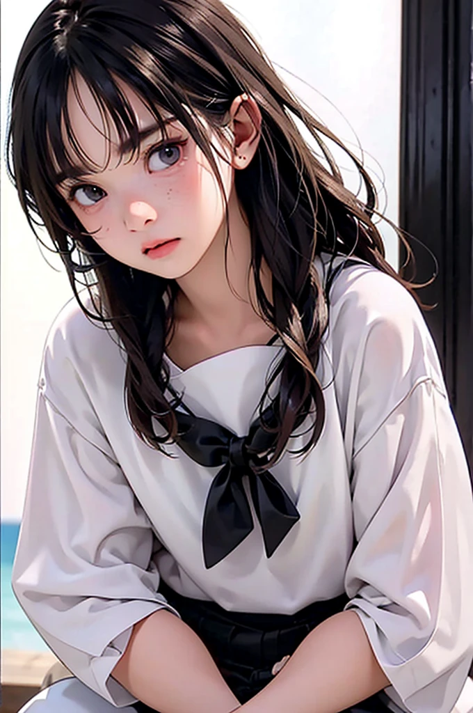 (8K high resolution), (Highest quality), (RAW quality), (Realistic), (Realistic:1.37), ,Big eyes,Long eyelashes,(Small breasts:1.5),(Small breasts:1.5),(Flat Chest:1.5),(My chest is about to swell:1.5),(Skinny girl:1.5),(Baby Face:1.2),(Childish body:1.3),(Childish body:1.5),(very young body:1.3),(Oily and shiny skin:1.3),(13-year-old junior high school student:1.3),The whole body is visible、((Beautiful eyelashes, Realistic eyes)), ((Detailed face, blush:1.2)), ((Smooth texture:0.75, Realisticな質感:0.65, Realistic:1.1,)), Small breasts, Dynamic Angle, Perfect body, ((Red bow tie, , , White shirt, Pleated skirt, Dark Blue Skirt, White sneakers)), dissatisfaction,(:1.8),(Handjob:1.8),