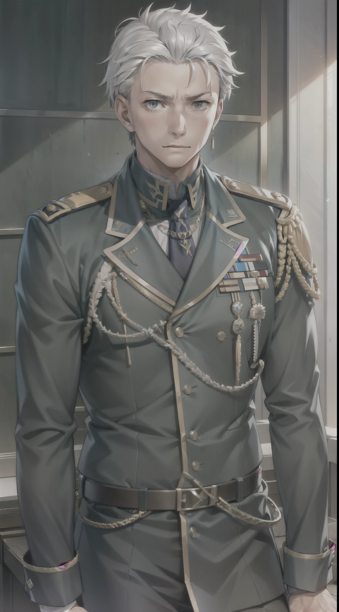 Hector Fay, Ultra high quality cg, Solitary, Looking at the audience, White hair，white hair</input></xml>, 1 man, Upper body, Male focus, tie，shirt， military uniform
