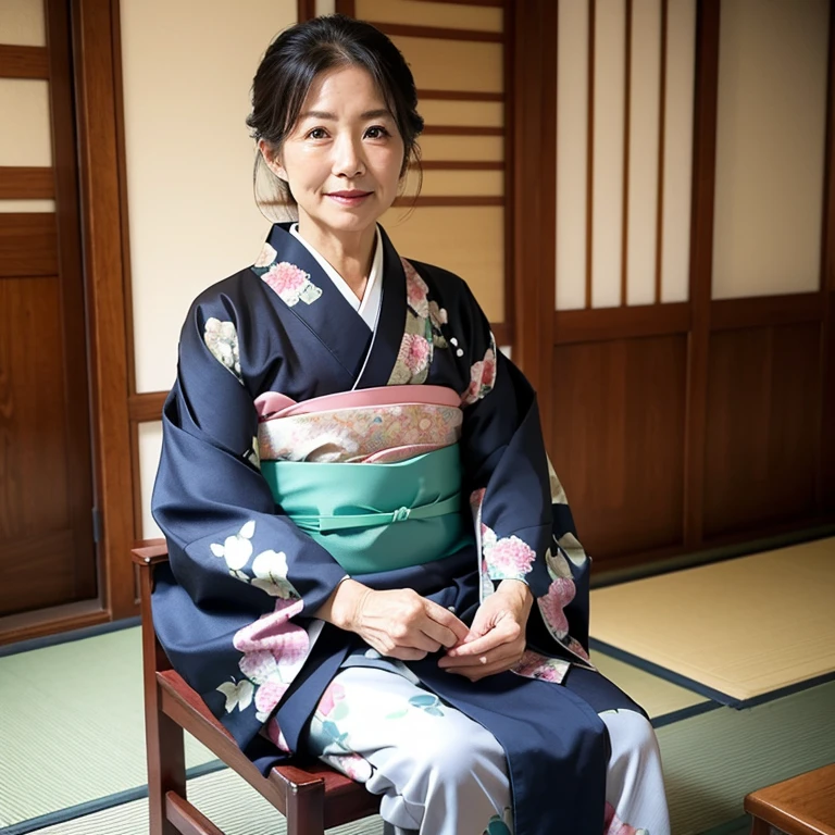 ((Japanese Mature)), ((55 years old:1.4)), ((old woman:1.3)), Goddess-like, Beautiful Japanese Women, 1 person, Japanese-style room, Bright room, short hair, Low Ponytail, Kimono, ((Red lipstick)), 