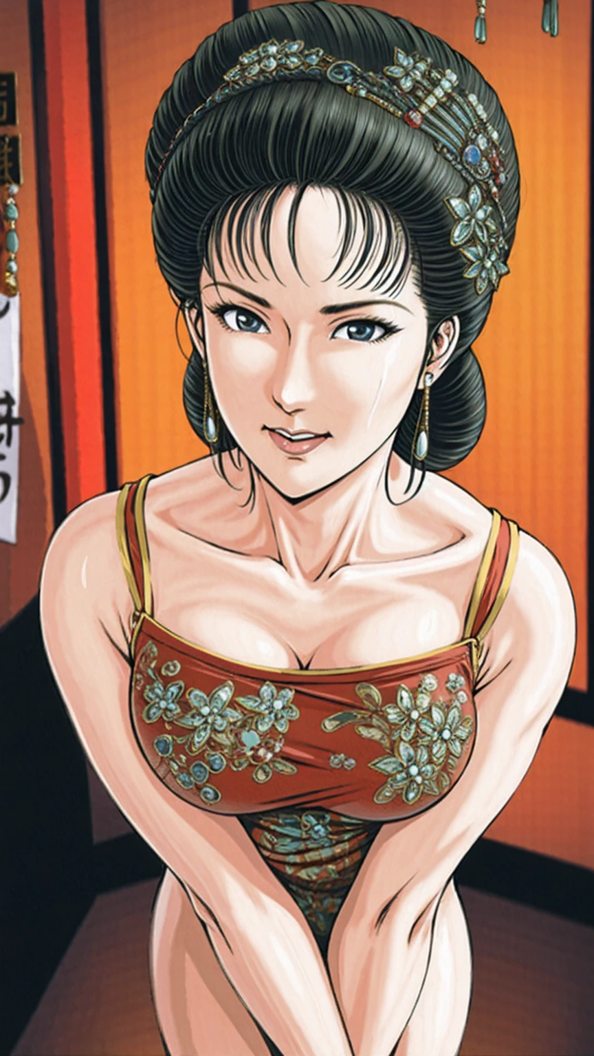 (best quality), (very aesthetic), (ultra-detailed), (best illustration),(a mature female),(perfect face),Suikoden,Mrs. Lin,(((NSFW))),((full_body)),((full_Nude)),(crying),red cheek,sweating,skinny,flushed skin,(Woman with pubic hair),(standing),(Undressing),traditional Chinese bedroom,front view