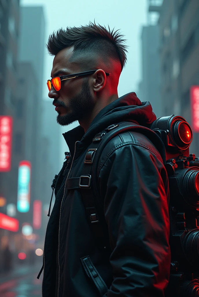 cyberpunk gangter thug, cut hair style, glasses  , bag on back