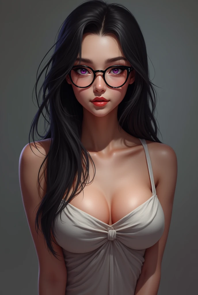 Attractive woman with glasses, (blushing)) ((blushing)), waist up, aberdes, long straight hair, dynamic pose, modelshoot: photoshoot, HD, high contrast, sharp image, mastery, closed mouth, balanced eyes, CG render, collarbone detail, (best quality detail: 1.2), realistic, ultra-thin 8K, high quality texture, fine texture, fine detail, high detail, extremely detailed CG, high quality shadows, beautiful and delicate eyes, freedom, beautiful woman, big breasts, tall, blurred background, purple bikini,