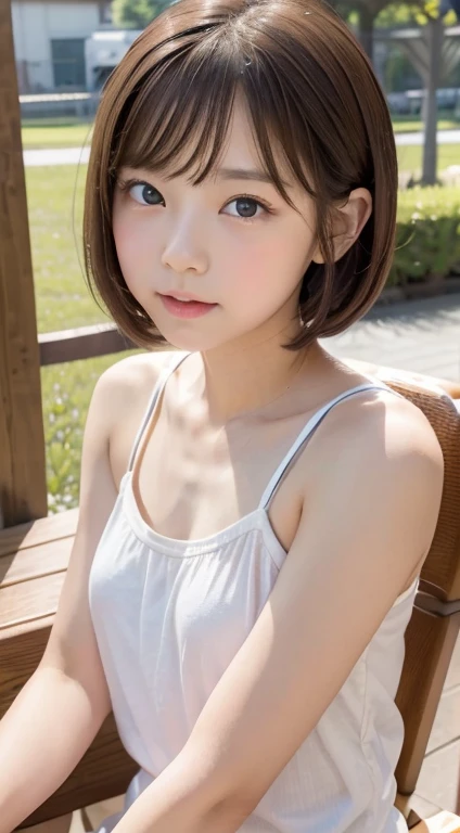 Japanese female 1 person、1, *********,  Tabletop、RAW Photos、Cute Face、Brown Hair、Straight hair、Short Bob、white camisole、Small breasts、Outdoor、Summer Park、