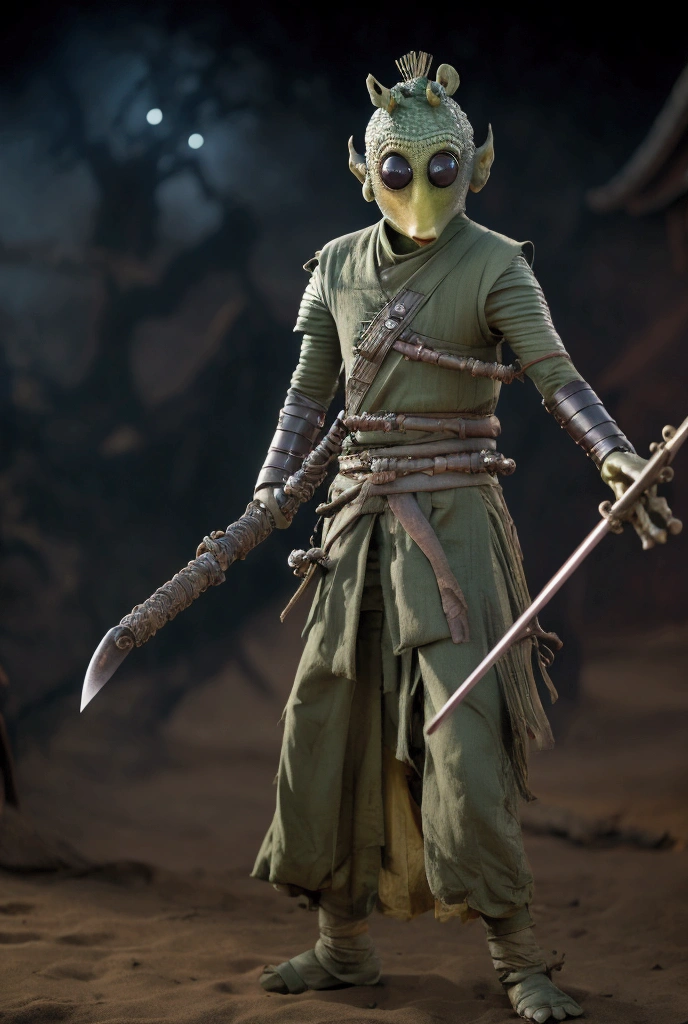 Greedo, a male humanoid alien, Rodian, Star Wars,wearing Samurai Armors,as Rohnin, Holding  a Japanese halberd gun, Japanese sword at waist, background is in Japanese old village, 8k, masterpiece, high detailed, HD, dark mood