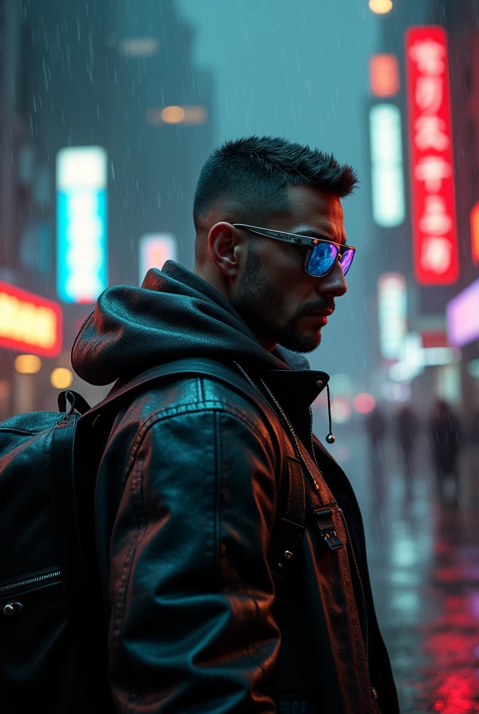 cyberpunk gangter thug, cut hair style, glasses , bag on back , in the rain on night 