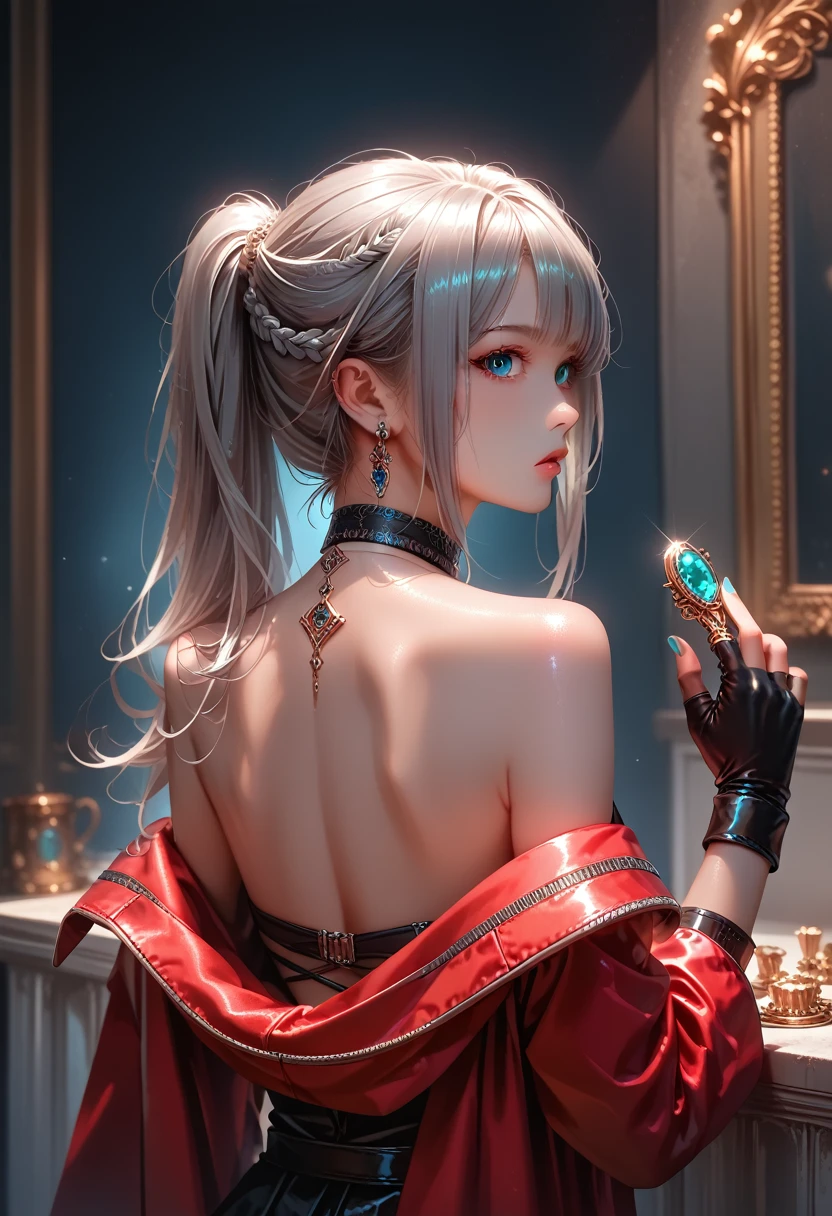 1girl, aqua eyes, back, bangs, bare shoulders, black gloves, blue eyes, braid, choker, earrings, fingerless gloves, from behind, gloves, grey hair, holding, jacket, jewelry, long hair, looking at viewer, looking back, nail polish, off shoulder, parted lips, piercing, ponytail, red jacket, solo, upper body,baiyi,[[realistic]],(shiny skin),(masterpiece:1.4),(best quality:1.4)