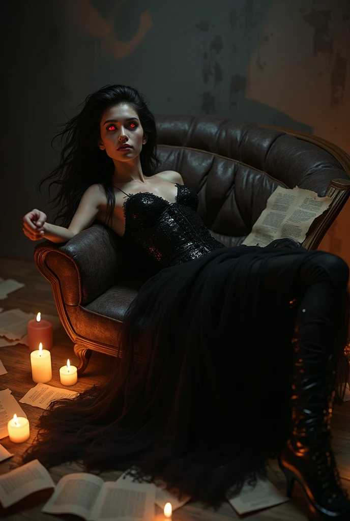 Create the wide-shot (((full-body:1.5))) image of a handsome female vampire, noble and elegant lady, Beautiful alluring colorless eyes, A vampire with a refined and elegant appearance, Loose long hair and angular features, her skin should be pale and flawless, With a touch of potus transcendental beauty, her eyes should be deep and seductive, (They have to wear  detailed and intricate steampunk and detailed gothic valkyrie, Fluttering lace flared long knee length dress with frilly petticoats, long dress, knee length dress, pleated petticoats, lolita dress, petticoats gothic lolita, side-lighting), sitting, leaning on an empty vacant throne, grand in scale and intricacy, blurring the lines between throne and shrine,,  and covered in black vines and roots, the background should be shrouded in shadow, Just a hint of moonlight broke through the darkness, ((((In the hands holds a iphone that spreads its glow on his beautiful body)))), What is presented to others, gothic art style, Ultra-realistic realism, Psychedelic surrealist art, Surreal psychedelic design, Dreaming style, psychedelic art, Quality Quantity, skin texture, intricate details, (cinematic graphic lighting), RAW, 8K,
