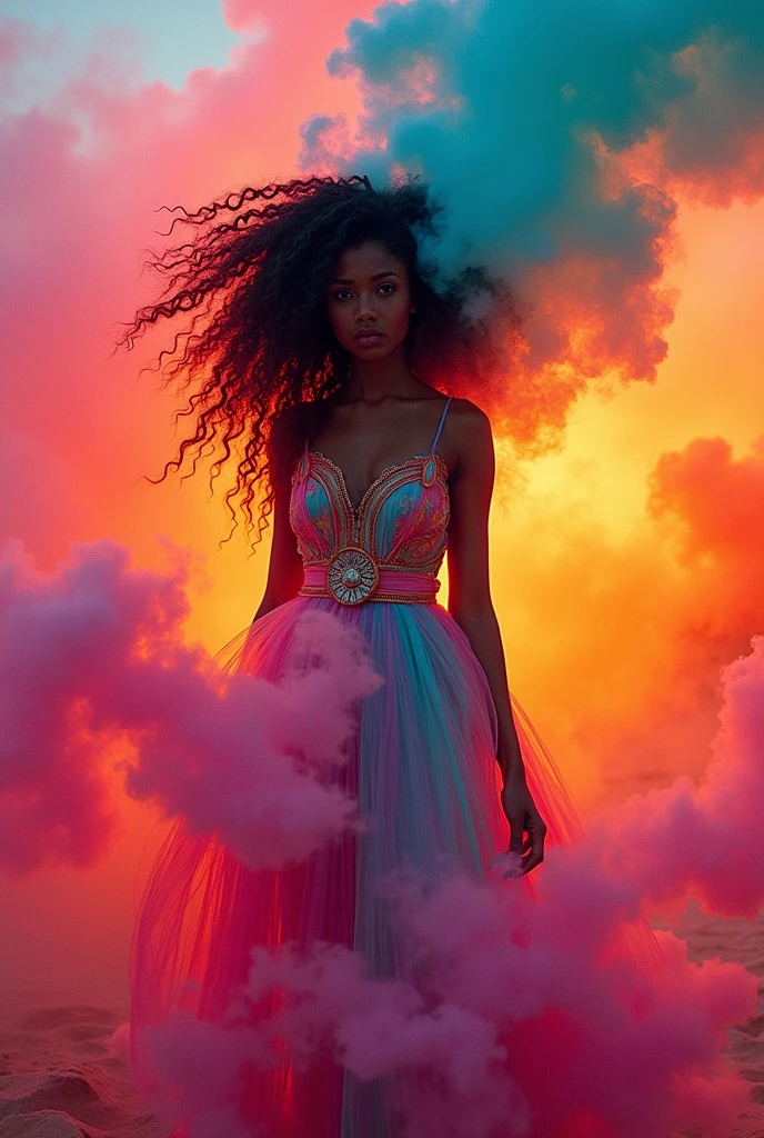 1girl, in laboratory, (18 years old), (Latina), dark skin, wide shot, long wavy hair, orgasm, (floral sun dress), (Masterpiece, Professional lighting, 16k, 8k wallpaper, raw photo, photorealistic:1.8, ultra detailed, natural lighting, detailed skin sexy pose, open mouth, big lips, view from above, night time, eyes closed, magic energy, neon light